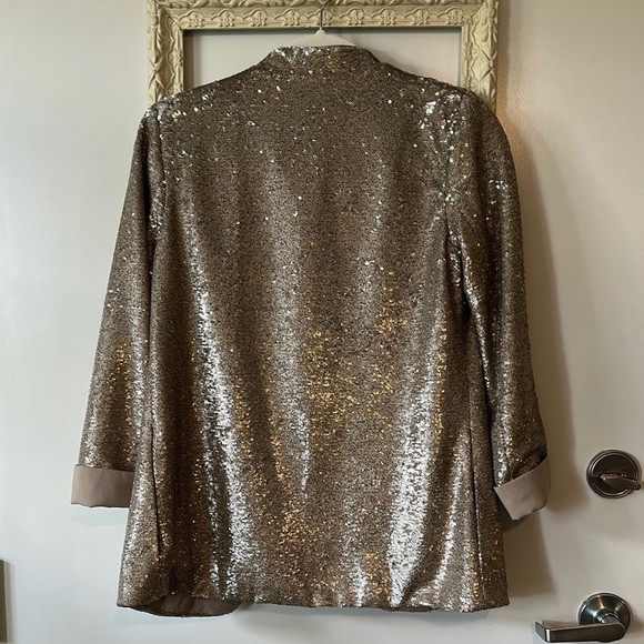 SAM EDELMAN | Champagne Gold Sequin Blazer Open Front 3/4 Sleeves - Picture 8 of 15